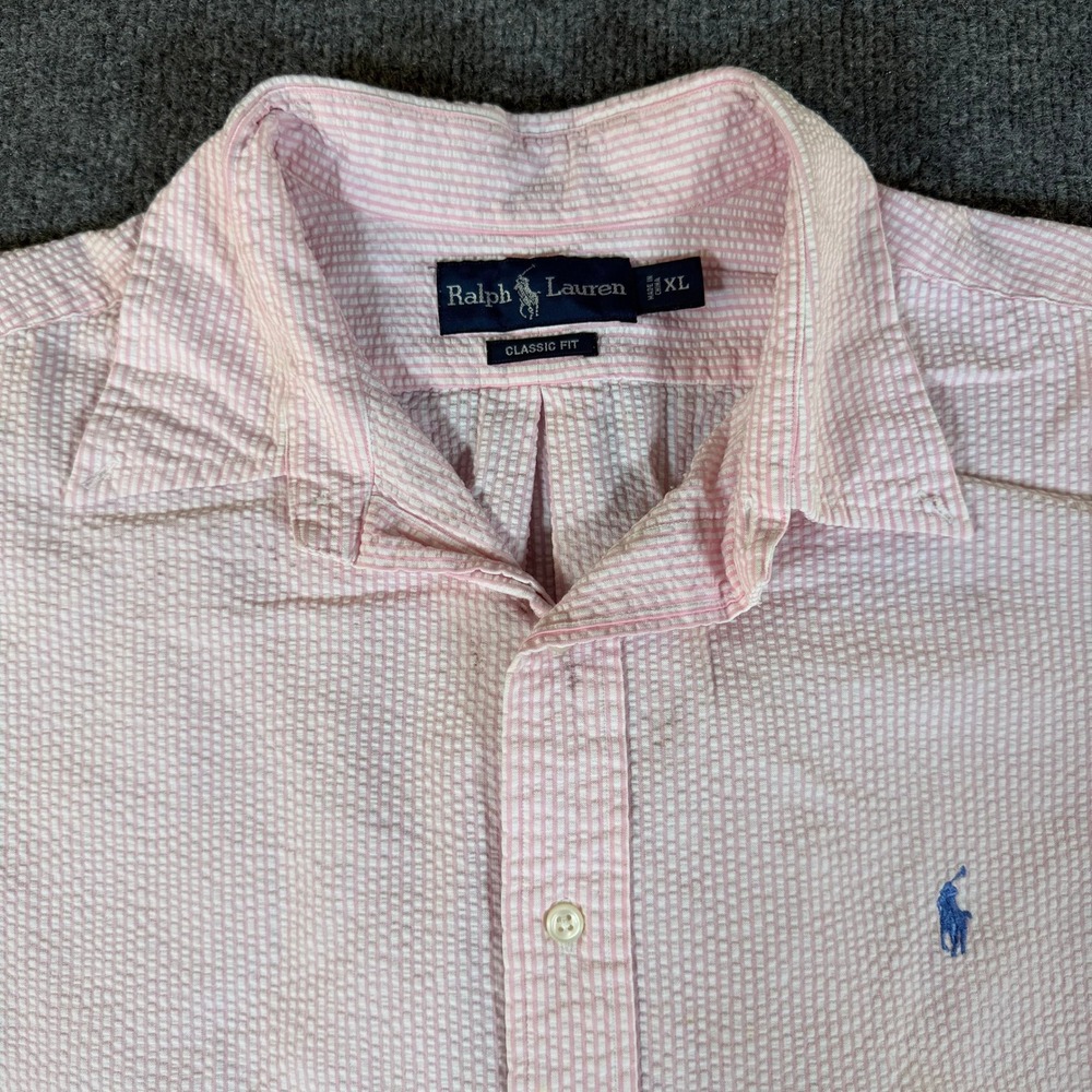 Ralph Lauren Mens XL Pink Seersucker Stripe Short Sleeve Button Down Shirt #4008